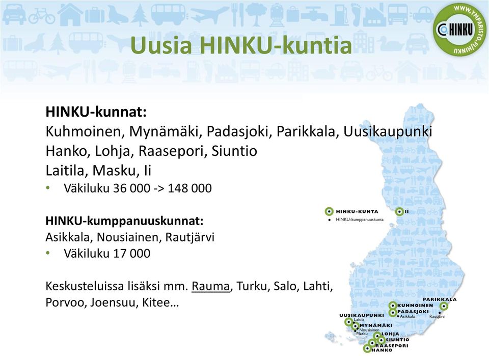 000 -> 148 000 HINKU-kumppanuuskunnat: Asikkala, Nousiainen, Rautjärvi