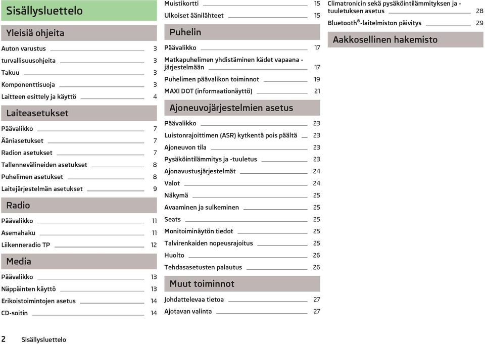 asetus 14 CD-soitin 14 Muistikortti 15 Ulkoiset äänilähteet 15 Puhelin Päävalikko 17 Matkapuhelimen yhdistäminen kädet vapaana - järjestelmään 17 Puhelimen päävalikon toiminnot 19 MAXI DOT