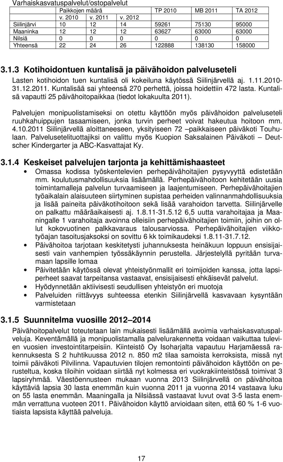 1.11.2010-31.12.2011. Kuntalisää sai yhteensä 270 perhettä, joissa hoidettiin 472 lasta. Kuntalisä vapautti 25 päivähoitopaikkaa (tiedot lokakuulta 2011).