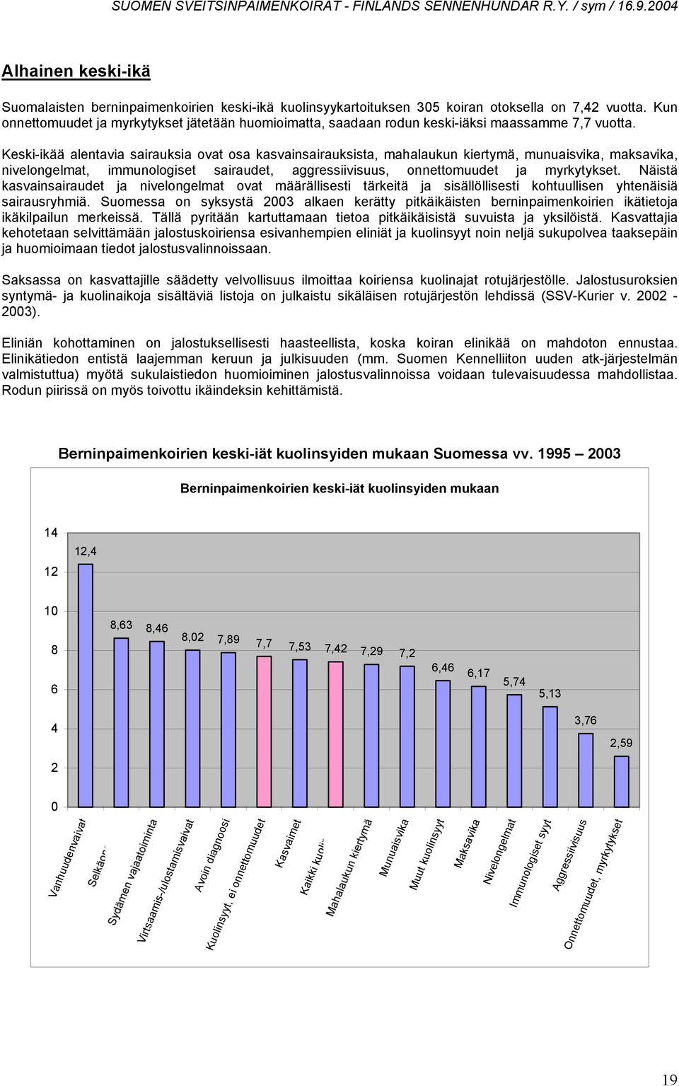 Keski-ikää alentavia sairauksia ovat osa kasvainsairauksista, mahalaukun kiertymä, munuaisvika, maksavika, nivelongelmat, immunologiset sairaudet, aggressiivisuus, onnettomuudet ja myrkytykset.
