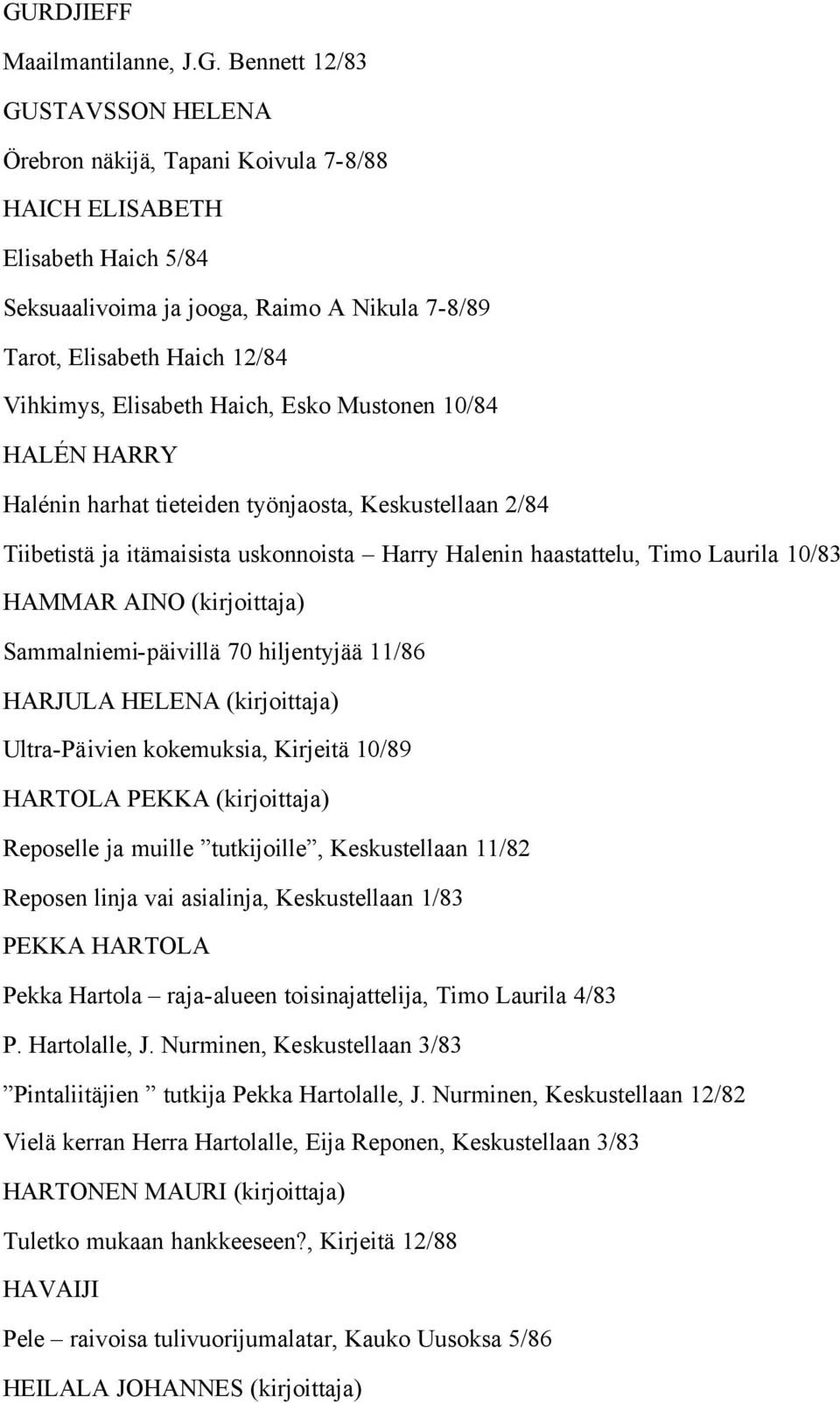 haastattelu, Timo Laurila 10/83 HAMMAR AINO (kirjoittaja) Sammalniemi-päivillä 70 hiljentyjää 11/86 HARJULA HELENA (kirjoittaja) Ultra-Päivien kokemuksia, Kirjeitä 10/89 HARTOLA PEKKA (kirjoittaja)