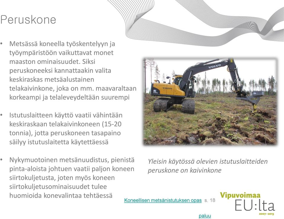 maavaraltaan korkeampi ja telaleveydeltään suurempi Istutuslaitteen käyttö vaatii vähintään keskiraskaan telakaivinkoneen (15-20 tonnia), jotta peruskoneen tasapaino