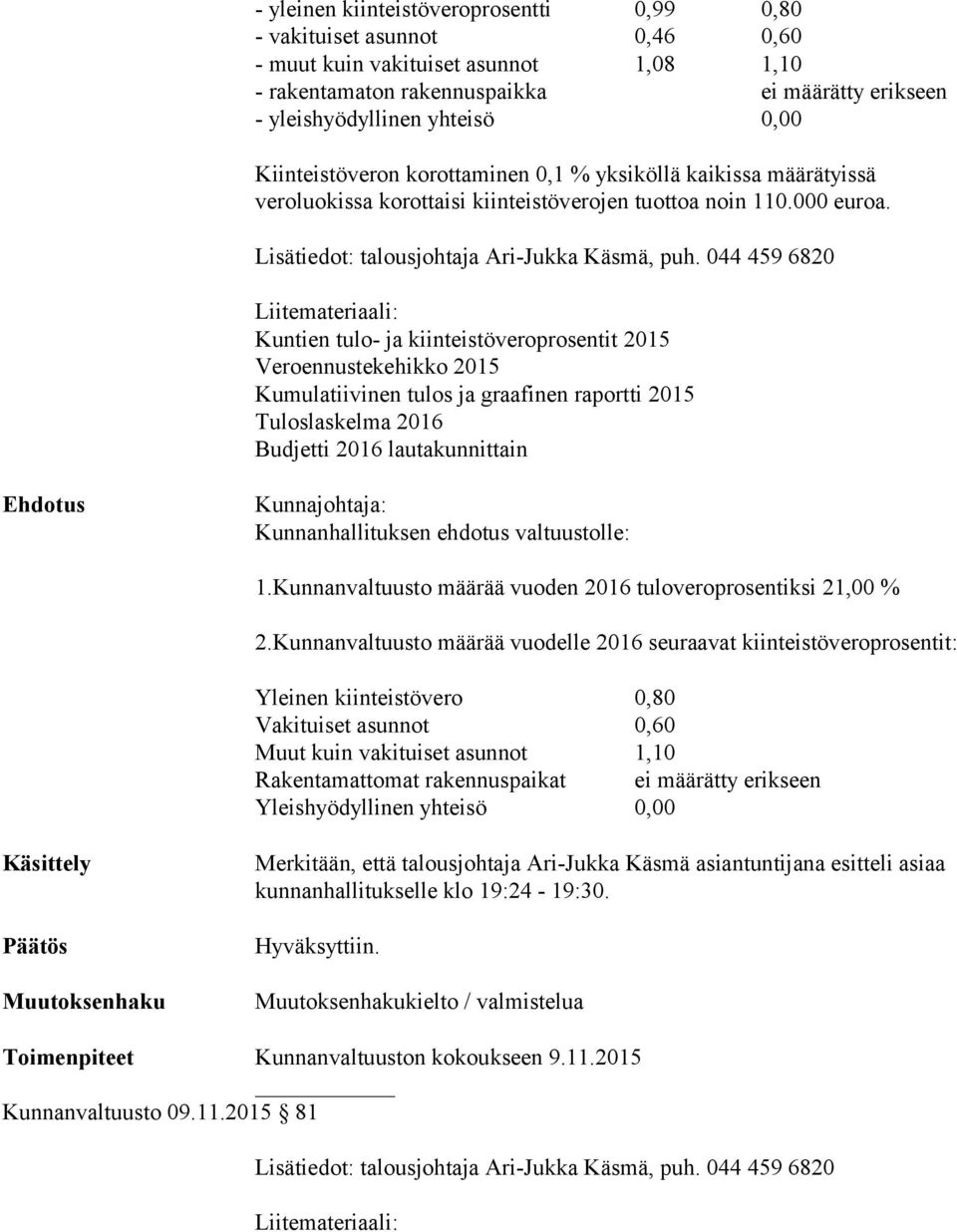 044 459 6820 Liitemateriaali: Kuntien tulo- ja kiinteistöveroprosentit 2015 Veroennustekehikko 2015 Kumulatiivinen tulos ja graafinen raportti 2015 Tuloslaskelma 2016 Budjetti 2016 lautakunnittain