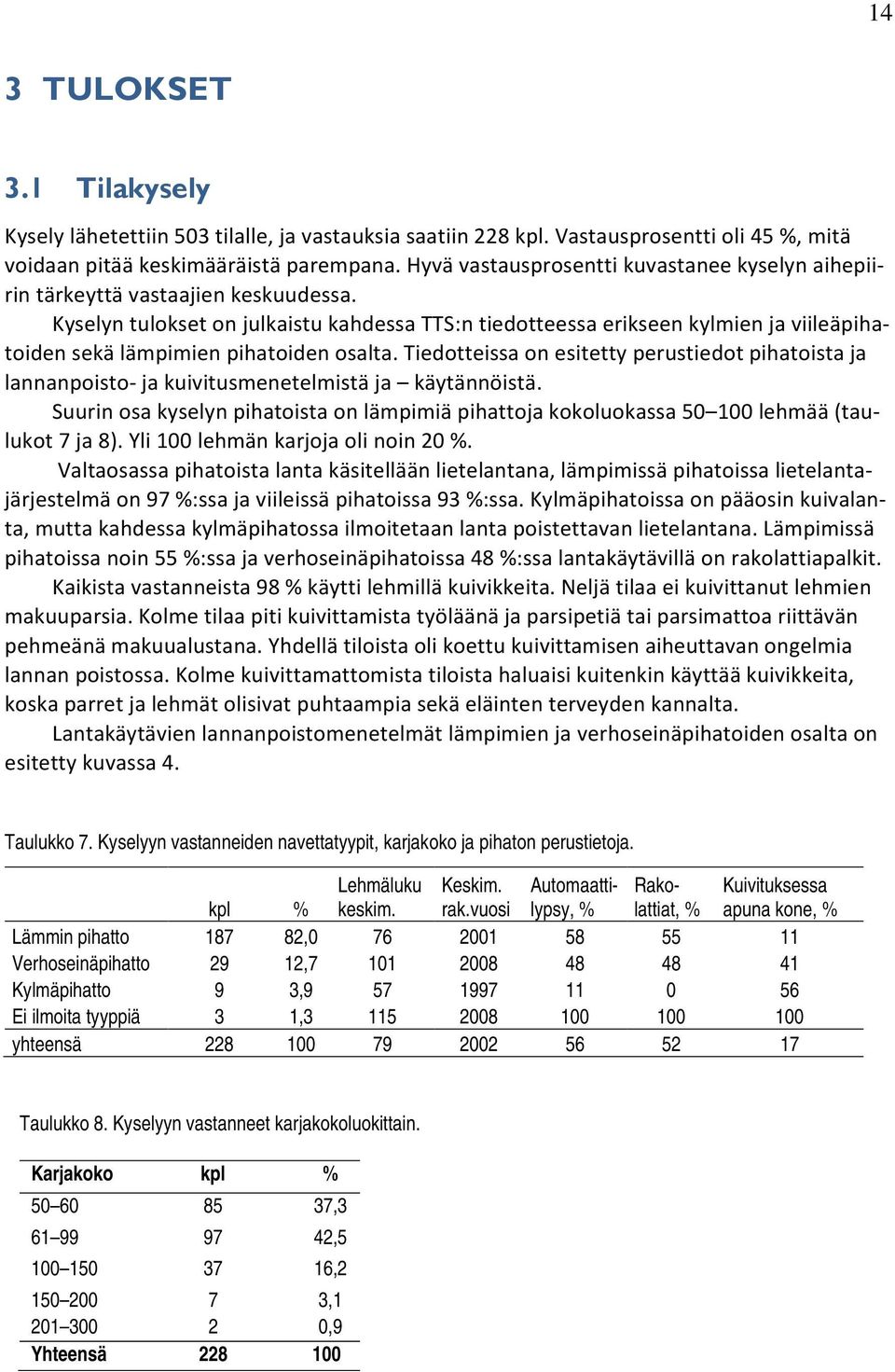 Kyselyn tulokset on julkaistu kahdessa TTS:n tiedotteessa erikseen kylmien ja viileäpihatoiden sekä lämpimien pihatoiden osalta.