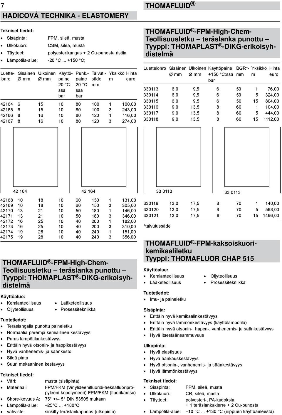 274,00 THOMAFLUID -FPM-High-Chem- Teollisuusletku teräslanka punottu Tyyppi: THOMAPLAST -DIKG-erikoisyhdistelmä Luettelonro Sisäinen Ulkoinen Käyttöpaine BGR*- Yksikkö Hinta Ø mm Ø mm +150 C:ssa mm m