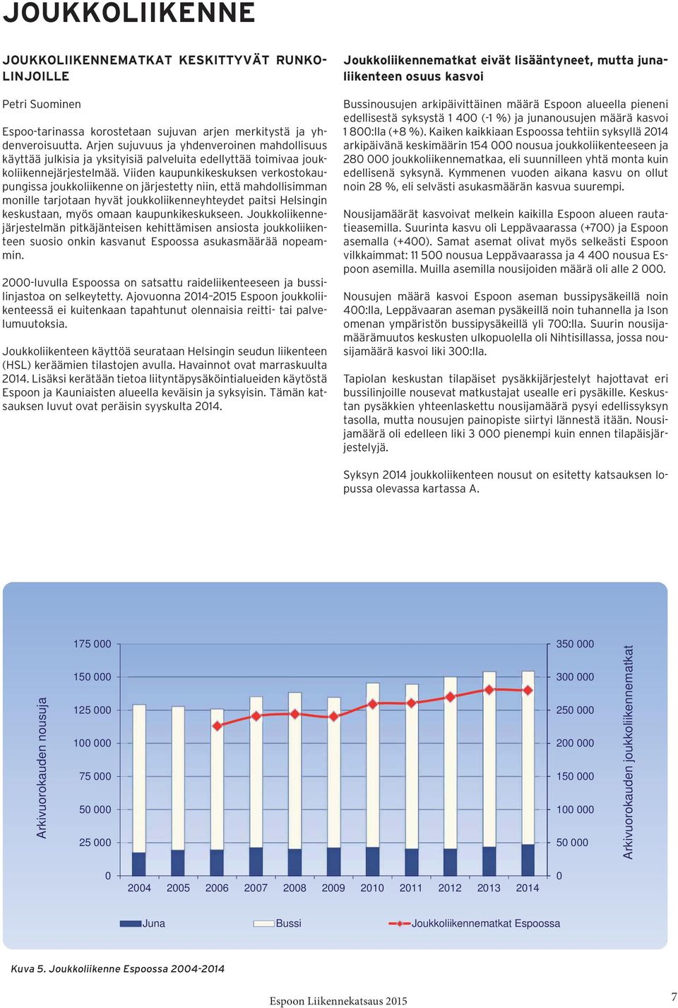 Viiden kaupunkikeskuksen verkostokaupungissa joukkoliikenne on järjestetty niin, että mahdollisimman monille tarjotaan hyvät joukkoliikenneyhteydet paitsi Helsingin keskustaan, myös omaan