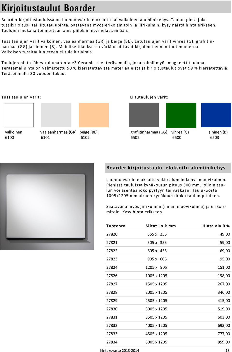 Liitutaulujen värit vihreä (G), grafiitin - harmaa (GG) ja sininen (B). Mainitse tilauksessa väriä osoittavat kirjaimet ennen tuotenumeroa. Valkoisen tussitaulun eteen ei tule kirjaimia.