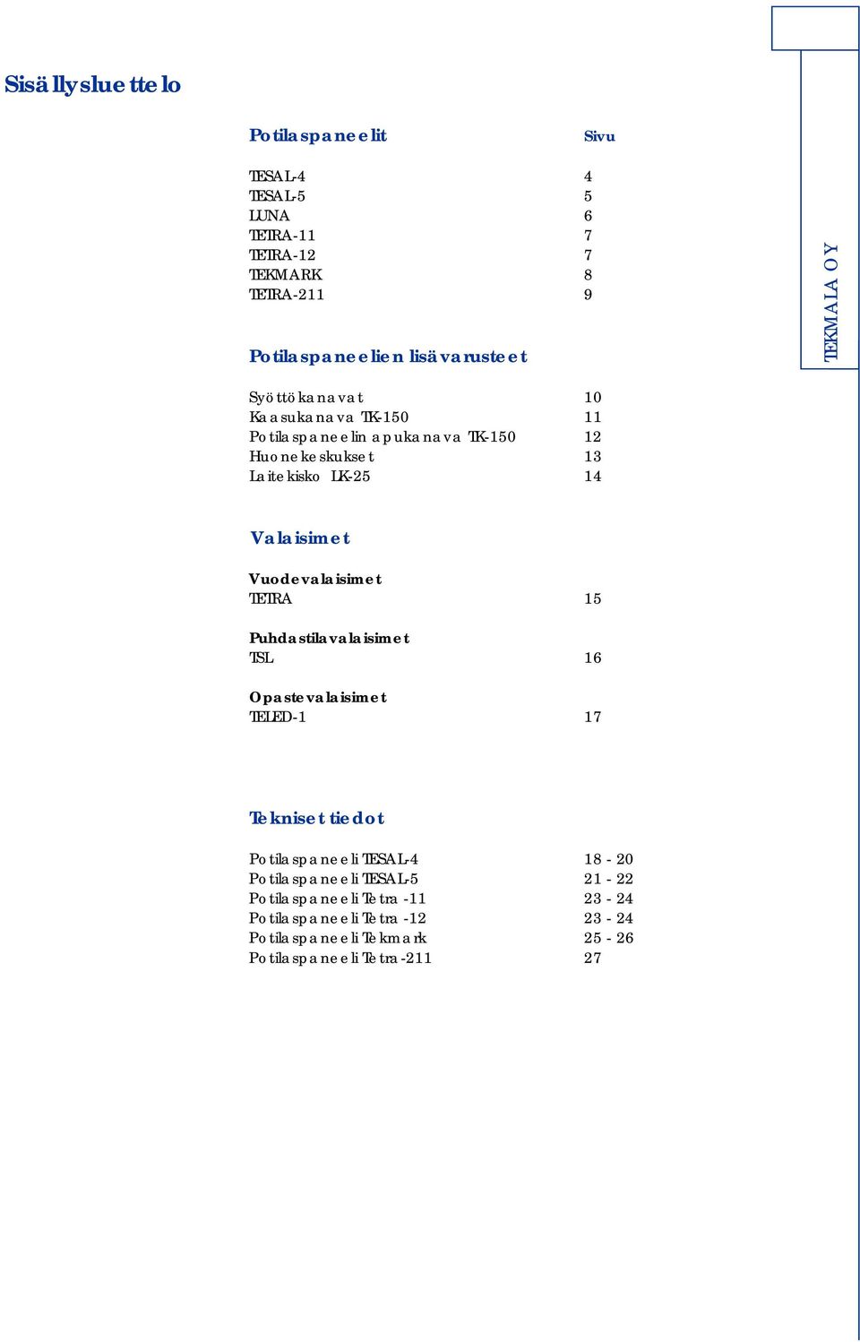 Valaisimet Vuodevalaisimet TETRA 15 Puhdastilavalaisimet TSL 16 Opastevalaisimet TELED-1 17 Tekniset tiedot Potilaspaneeli TESAL-4 18-20