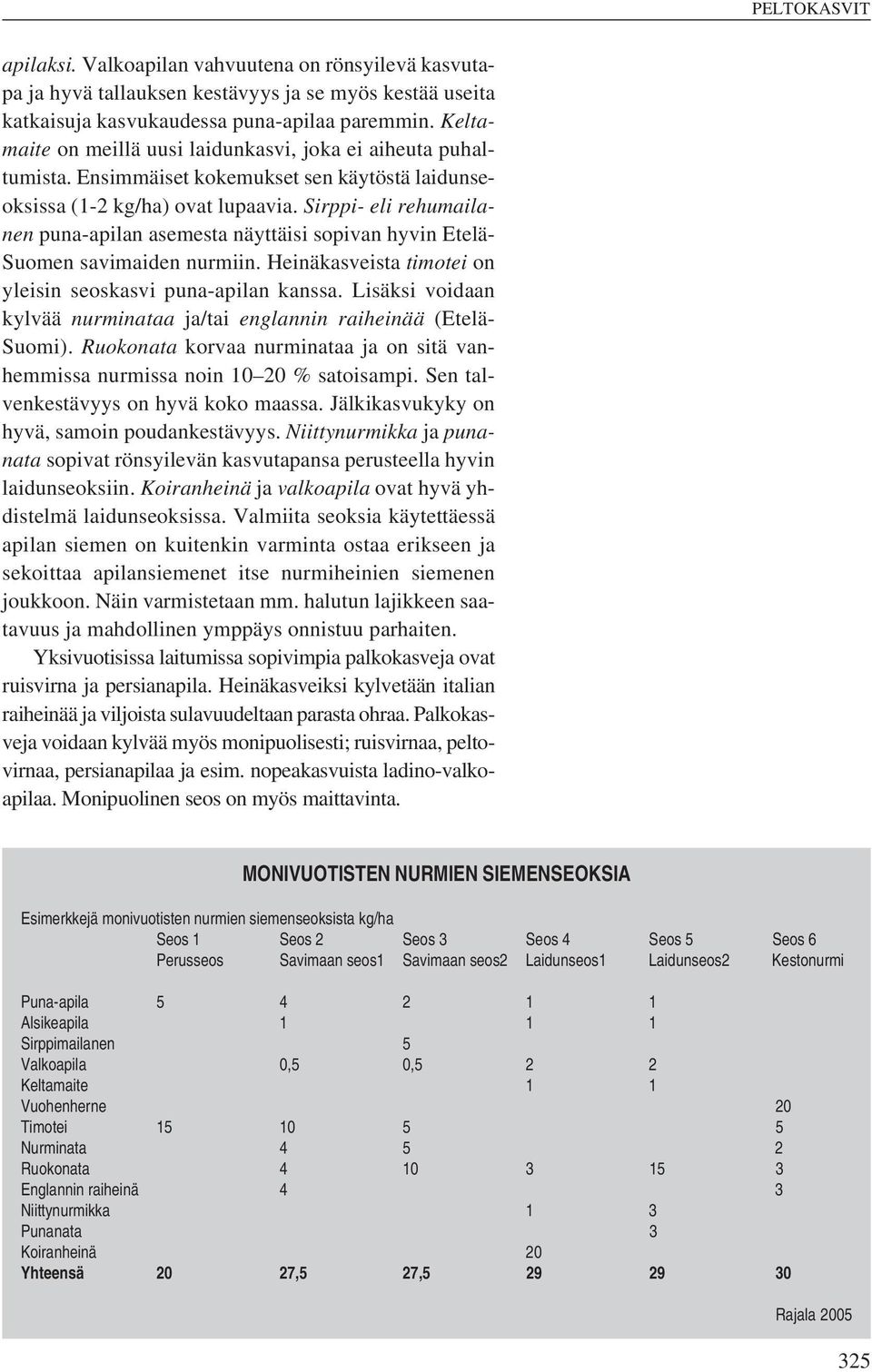 Sirppi- eli rehumailanen puna-apilan asemesta näyttäisi sopivan hyvin Etelä- Suomen savimaiden nurmiin. Heinäkasveista timotei on yleisin seoskasvi puna-apilan kanssa.