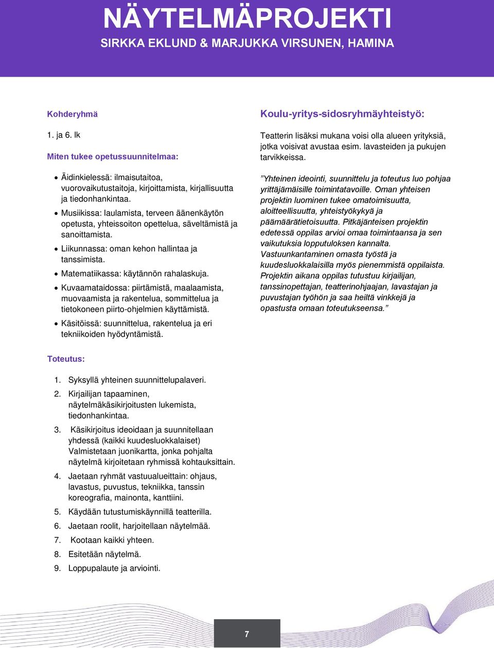 Musiikissa: laulamista, terveen äänenkäytön opetusta, yhteissoiton opettelua, säveltämistä ja sanoittamista. Liikunnassa: oman kehon hallintaa ja tanssimista. Matematiikassa: käytännön rahalaskuja.