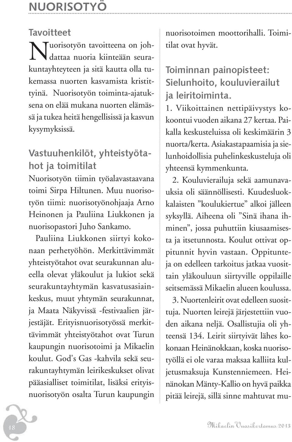 Vastuuhenkilöt, yhteistyötahot ja toimitilat Nuorisotyön tiimin työalavastaavana toimi Sirpa Hiltunen.