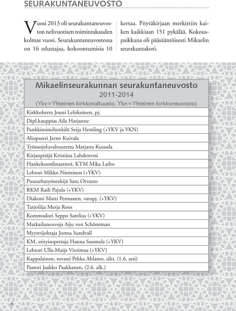 Mikaelinseurakunnan seurakuntaneuvosto 2011-2014 (Ykv=Yhteinen kirkkovaltuusto, Ykn=Yhteinen kirkkoneuvosto) Kirkkoherra Jouni Lehikoinen, pj. Dipl.