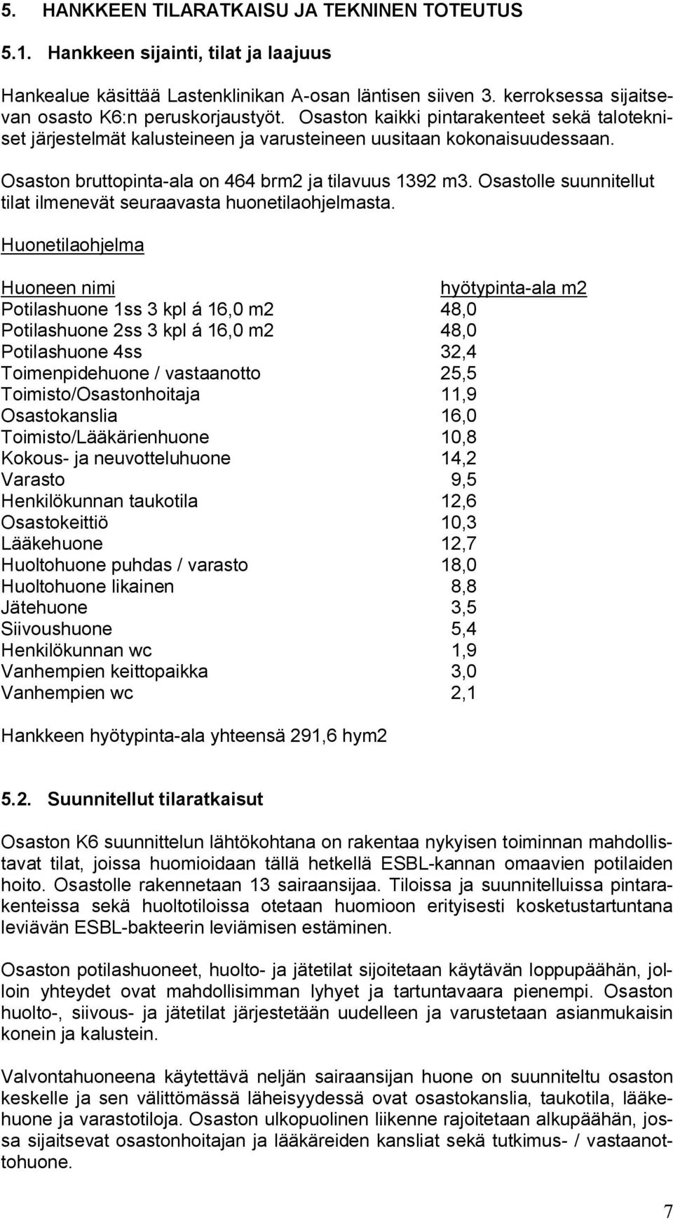 Osastolle suunnitellut tilat ilmenevät seuraavasta huonetilaohjelmasta.