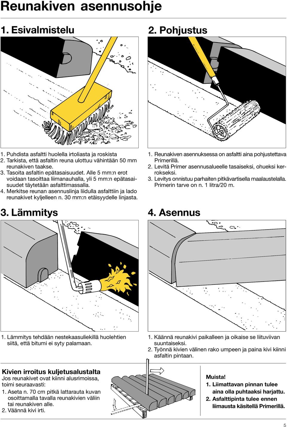 Merkitse reunan asennuslinja liidulla asfalttiin ja lado reunakivet kyljelleen n. 30 mm:n etäisyydelle linjasta. 3. Lämmitys 1. Reunakiven asennuksessa on asfaltti aina pohjustettava Primerillä. 2.