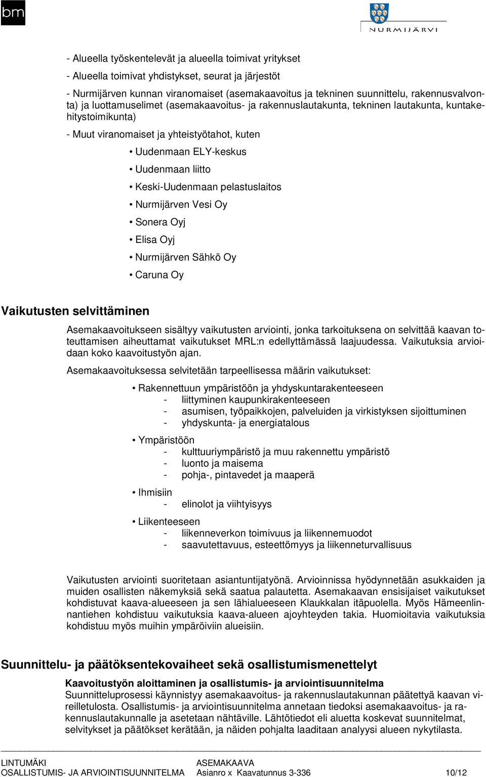 liitto Keski-Uudenmaan pelastuslaitos Nurmijärven Vesi Oy Sonera Oyj Elisa Oyj Nurmijärven Sähkö Oy Caruna Oy Vaikutusten selvittäminen Asemakaavoitukseen sisältyy vaikutusten arviointi, jonka