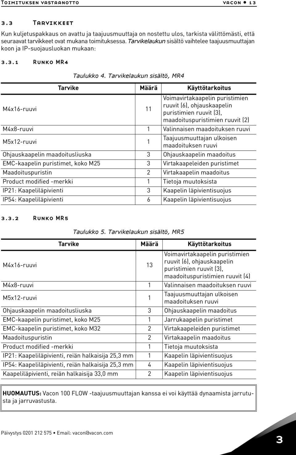 Tarvikelaukun sisältö, MR4 Tarvike Määrä Käyttötarkoitus M4x16-ruuvi 11 Voimavirtakaapelin puristimien ruuvit (6), ohjauskaapelin puristimien ruuvit (3), maadoituspuristimien ruuvit (2) M4x8-ruuvi 1