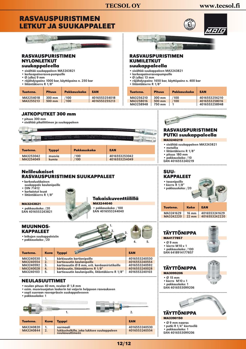 Pituus Pakkauskoko EAN MA3254018 300 mm /100 4016553254018 MA3255213 500 mm /100 4016553255213 RASVAUSPURISTIMEN KUMILETKUT suukappaleella sisältää suukappaleen MA3243821 korkeapainerasvapumpuille Ø