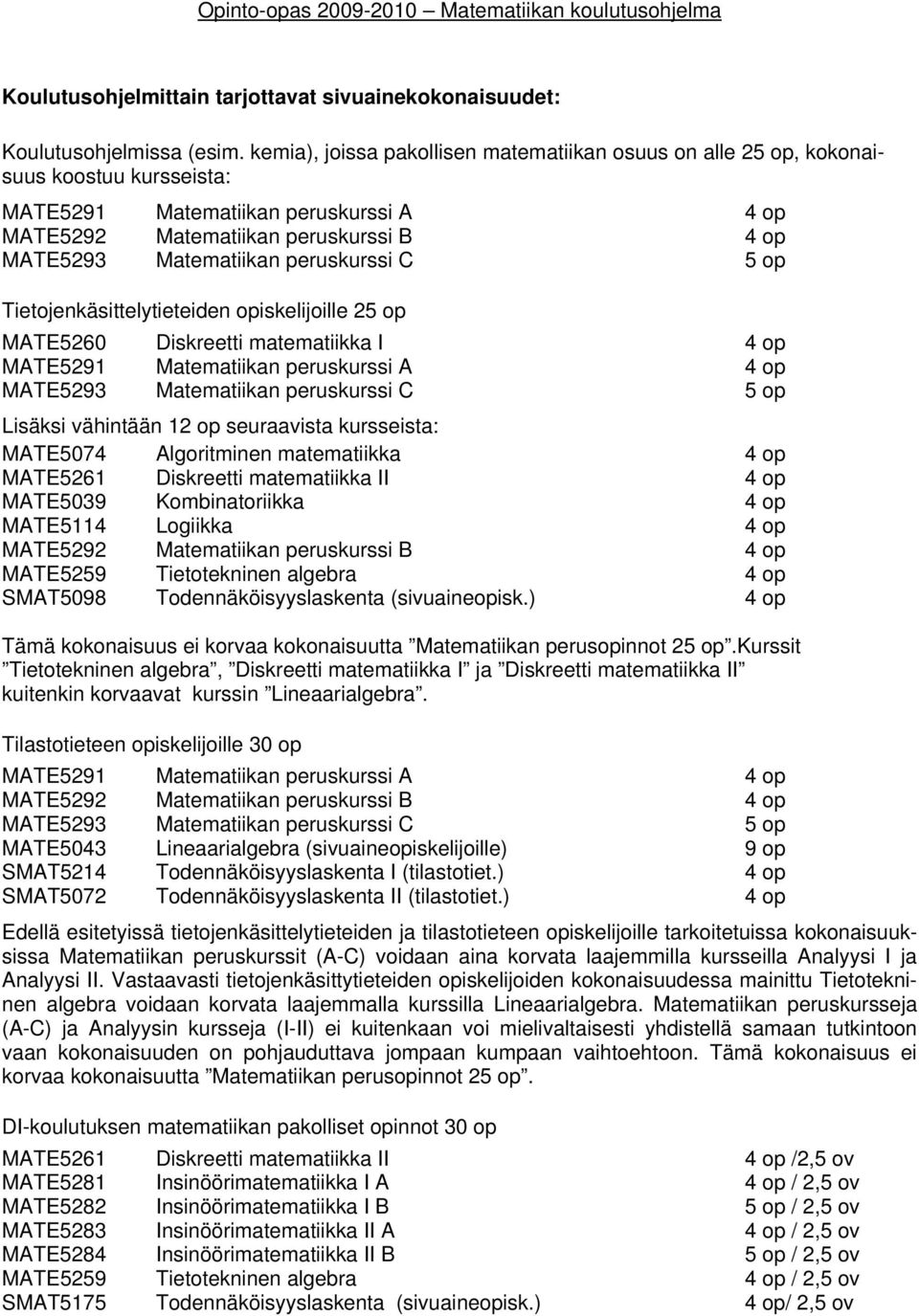 5 op Tietojenkäsittelytieteiden opiskelijoille 25 op MATE5260 Diskreetti matematiikka I MATE5291 Matematiikan peruskurssi A MATE5293 Matematiikan peruskurssi C 5 op Lisäksi vähintään 12 op