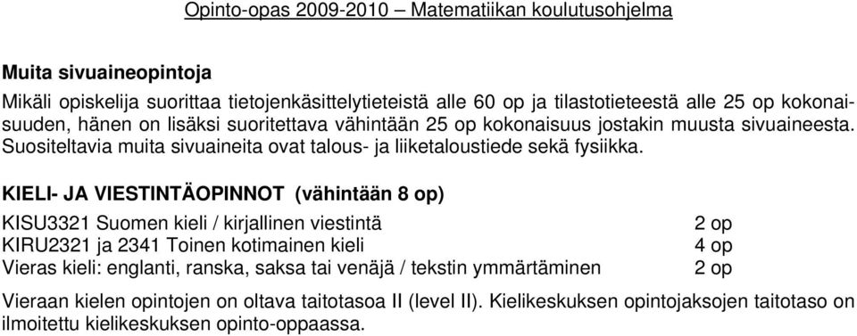 KIELI- JA VIESTINTÄOPINNOT (vähintään 8 op) KISU3321 Suomen kieli / kirjallinen viestintä KIRU2321 ja 2341 Toinen kotimainen kieli Vieras kieli: englanti, ranska,