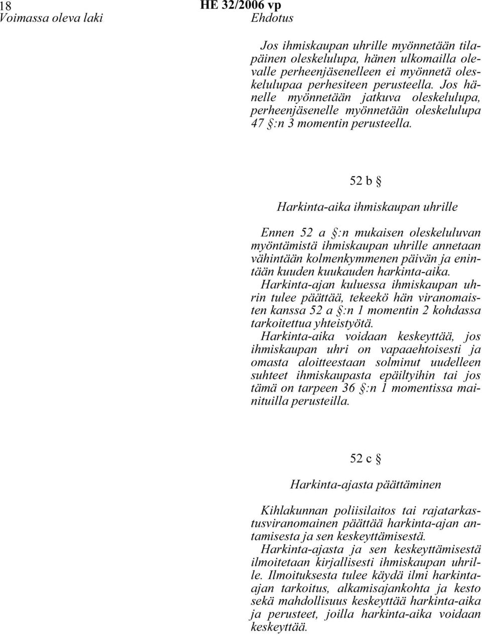 52 b Harkinta-aika ihmiskaupan uhrille Ennen 52 a :n mukaisen oleskeluluvan myöntämistä ihmiskaupan uhrille annetaan vähintään kolmenkymmenen päivän ja enintään kuuden kuukauden harkinta-aika.