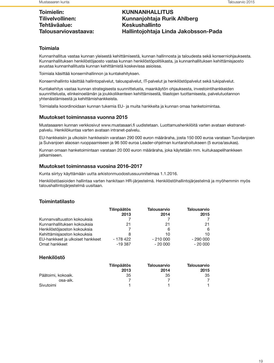 Kunnanhallituksen henkilöstöjaosto vastaa kunnan henkilöstöpolitiikasta, ja kunnanhallituksen kehittämisjaosto avustaa kunnanhallitusta kunnan kehittämistä koskevissa asioissa.