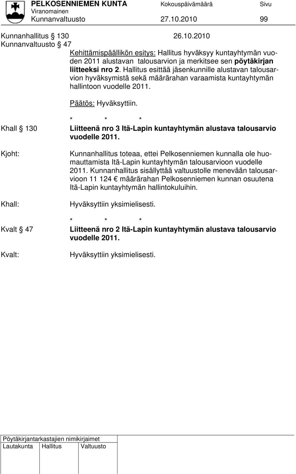 Khall 130 Kjoht: Khall: Kvalt 47 Kvalt: Liitteenä nro 3 Itä-Lapin kuntayhtymän alustava talousarvio vuodelle 2011.