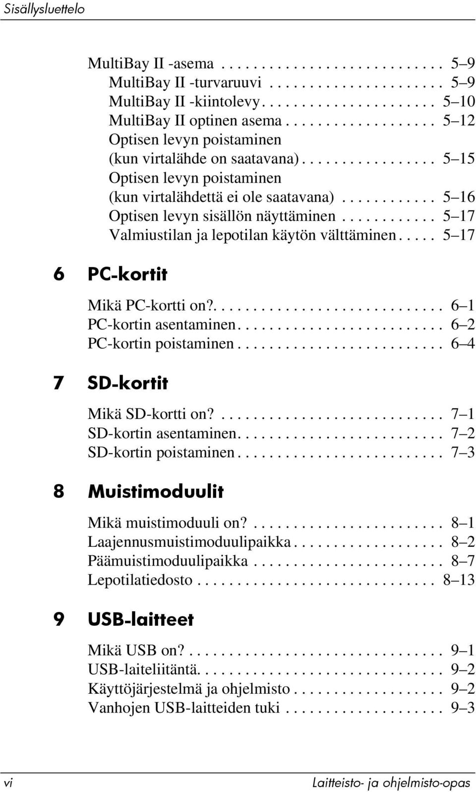 ........... 5 16 Optisen levyn sisällön näyttäminen............ 5 17 Valmiustilan ja lepotilan käytön välttäminen..... 5 17 6 PC-kortit Mikä PC-kortti on?............................. 6 1 PC-kortin asentaminen.