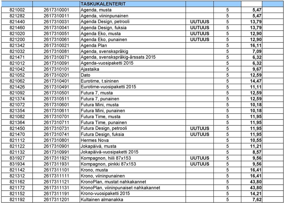 7,09 821471 2617310071 Agenda, svenskspråkig-årssats 2015 5 6,32 821012 2617310091 Agenda-vuosipaketti 2015 5 6,32 821042 2617310101 Ajastaika 5 9,67 821052 2617310201 Dato 5 12,59 821062 2617310401