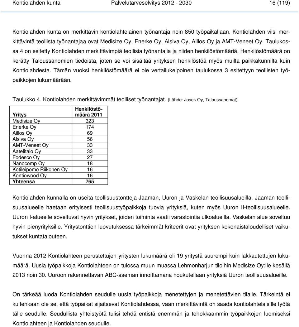 Taulukossa 4 on esitetty Kontiolahden merkittävimpiä teollisia työnantajia ja niiden henkilöstömääriä.