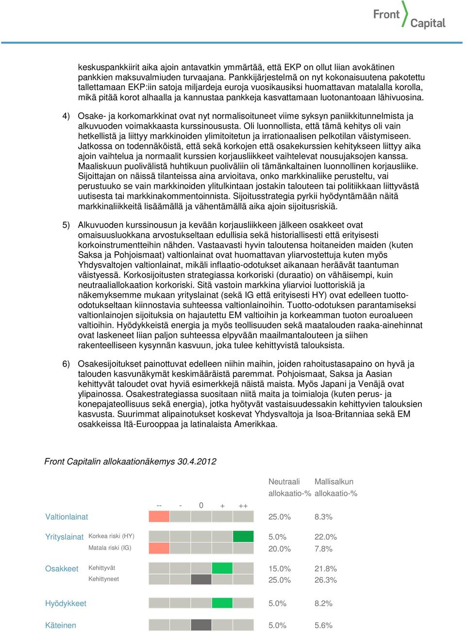 kasvattamaan luotonantoaan lähivuosina. 4) Osake- ja korkomarkkinat ovat nyt normalisoituneet viime syksyn paniikkitunnelmista ja alkuvuoden voimakkaasta kurssinoususta.