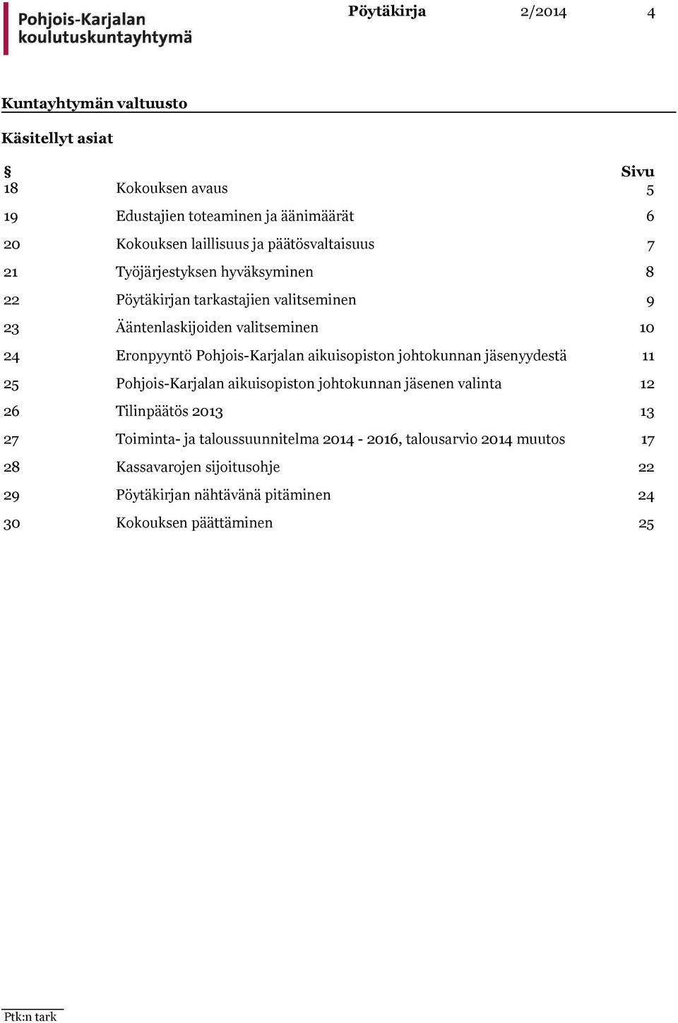 Pohjois-Karjalan aikuisopiston johtokunnan jäsenyydestä 11 25 Pohjois-Karjalan aikuisopiston johtokunnan jäsenen valinta 12 26 Tilinpäätös 2013 13 27