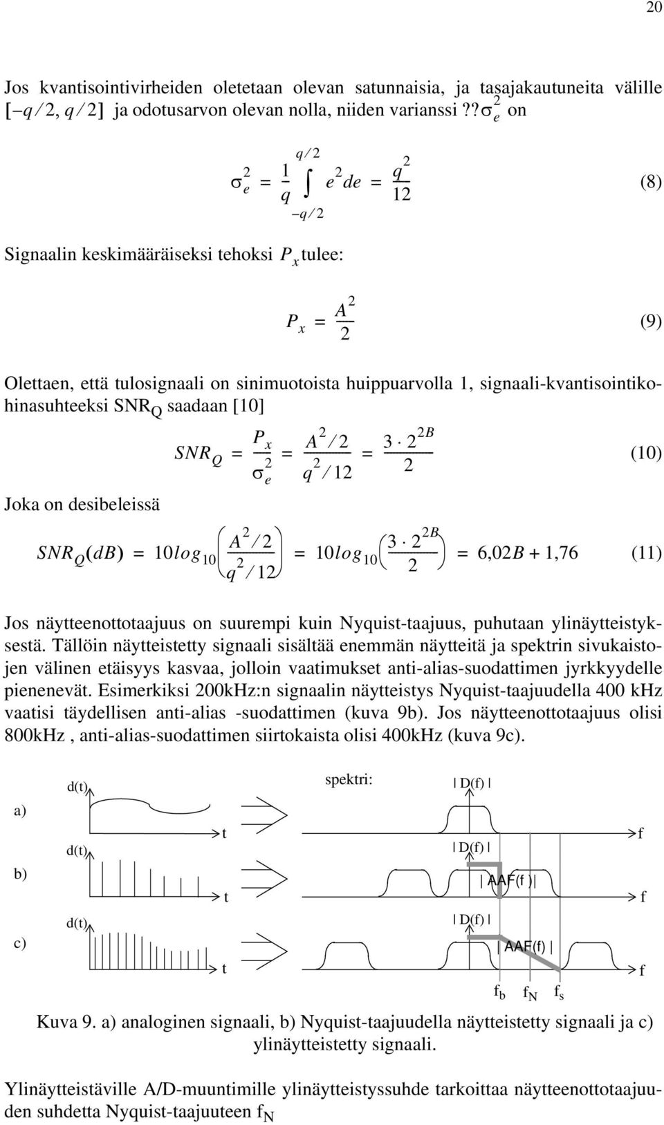 desibeleissä P x SNR Q ----- A 2 2 -------------- 3 2 2B = = 2 e q 2 = --------------- 12 2 A 2 2 SNR Q db 10log 10 -------------- 3 2 2B = q 2 = 10log 10 --------------- = 6,02B + 1,76 12 2 Jos