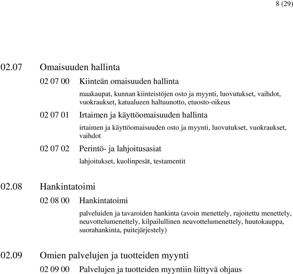 etuosto-oikeus 02 07 01 Irtaimen ja käyttöomaisuuden hallinta irtaimen ja käyttöomaisuuden osto ja myynti, luovutukset, vuokraukset, vaihdot 02 07 02 Perintö- ja lahjoitusasiat