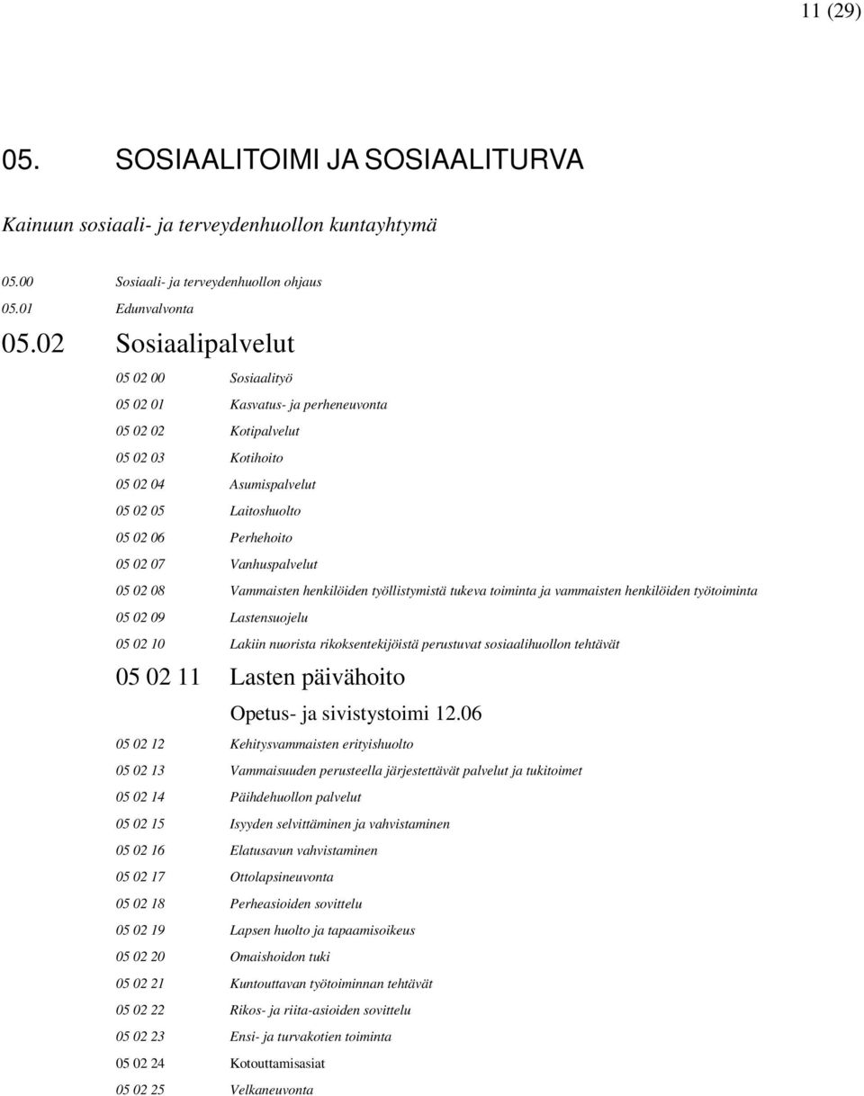 Vanhuspalvelut 05 02 08 Vammaisten henkilöiden työllistymistä tukeva toiminta ja vammaisten henkilöiden työtoiminta 05 02 09 Lastensuojelu 05 02 10 Lakiin nuorista rikoksentekijöistä perustuvat