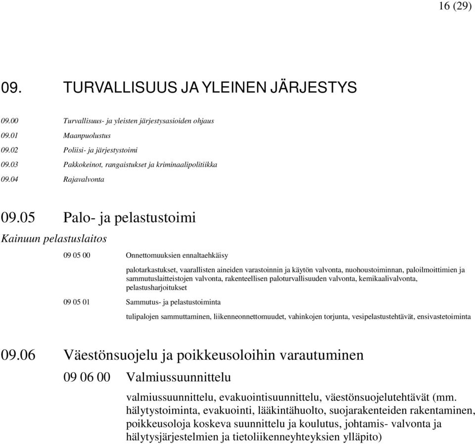 05 Palo- ja pelastustoimi Kainuun pelastuslaitos 09 05 00 Onnettomuuksien ennaltaehkäisy palotarkastukset, vaarallisten aineiden varastoinnin ja käytön valvonta, nuohoustoiminnan, paloilmoittimien ja