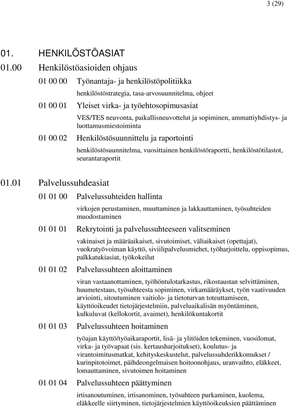 paikallisneuvottelut ja sopiminen, ammattiyhdistys- ja luottamusmiestoiminta 01 00 02 Henkilöstösuunnittelu ja raportointi henkilöstösuunnitelma, vuosittainen henkilöstöraportti, henkilöstötilastot,