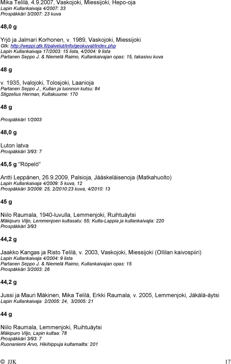 1935, Ivalojoki, Tolosjoki, Laanioja Partanen Seppo J., Kullan ja luonnon kutsu: 84 Stigzelius Herman, Kultakuume: 170 48 g Prospäkkäri 1/2003 48,0 g Luton latva 45,5 g "Röpelö" Antti Leppänen,