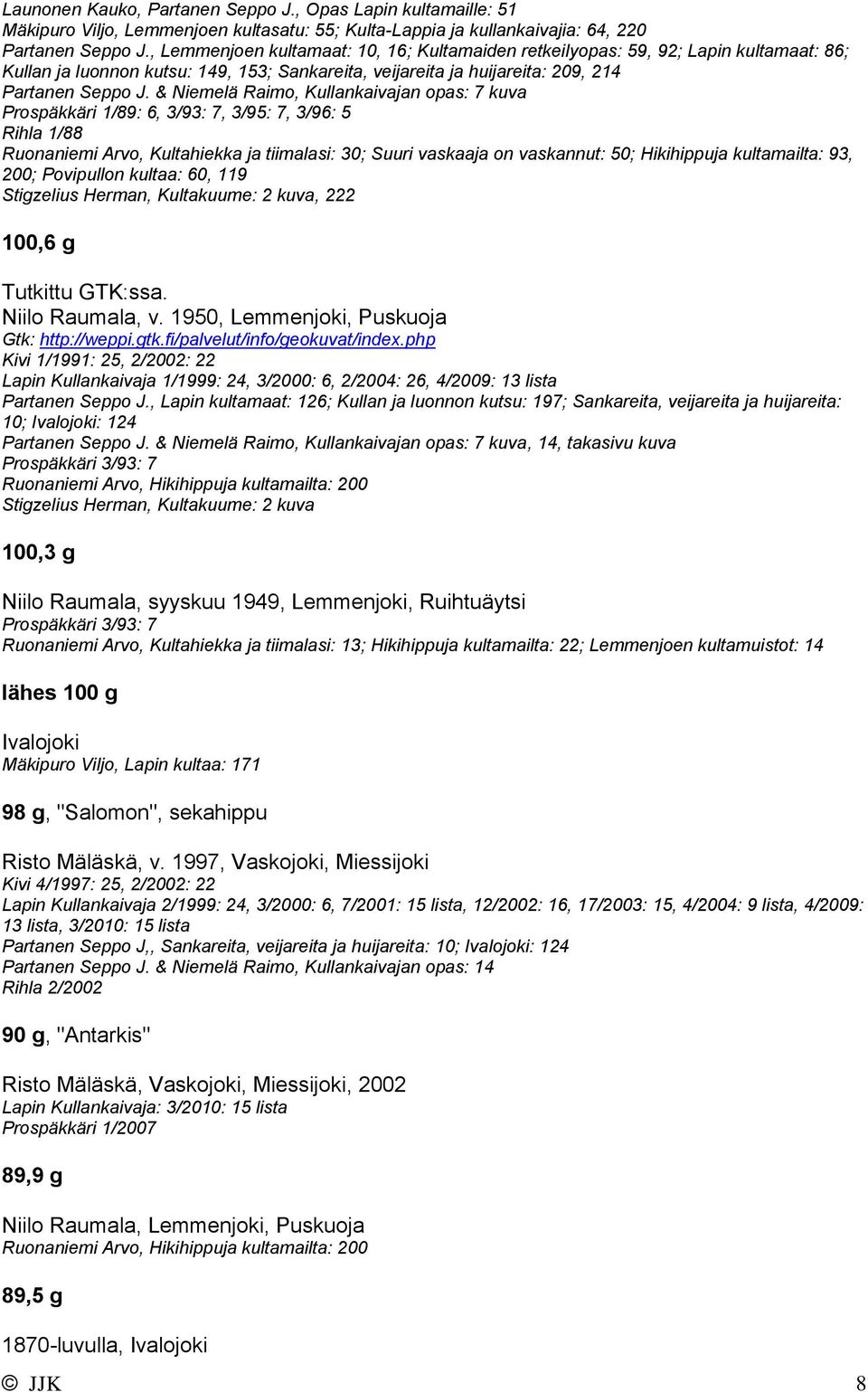 & Niemelä Raimo, Kullankaivajan opas: 7 kuva Prospäkkäri 1/89: 6, 3/93: 7, 3/95: 7, 3/96: 5 Rihla 1/88 Ruonaniemi Arvo, Kultahiekka ja tiimalasi: 30; Suuri vaskaaja on vaskannut: 50; Hikihippuja
