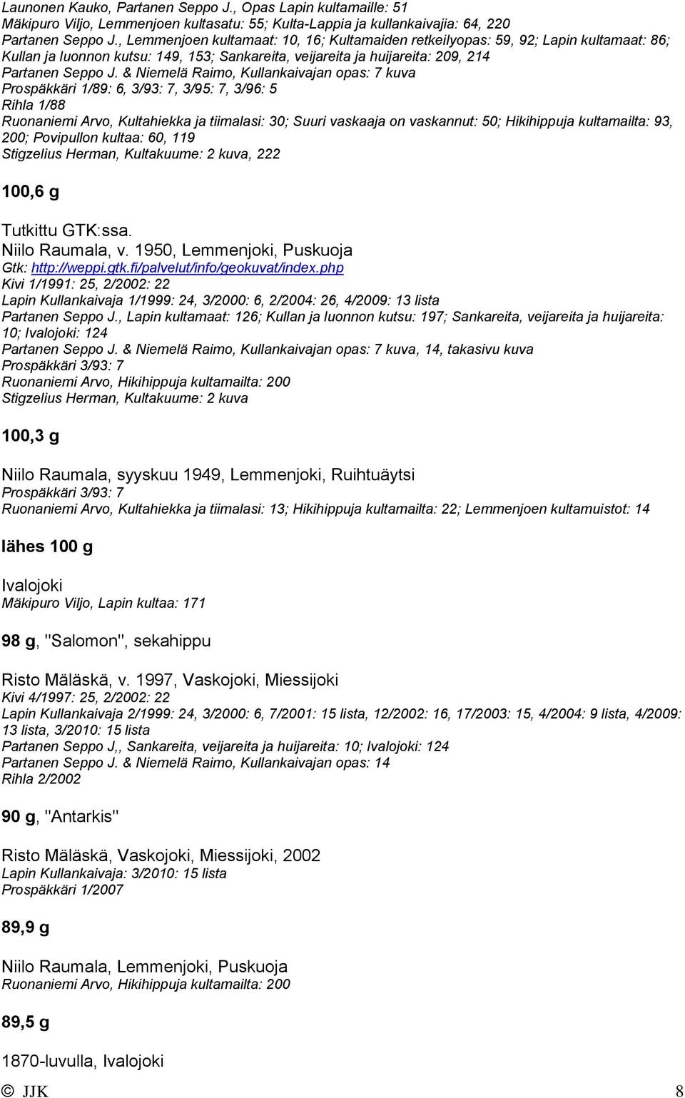 & Niemelä Raimo, Kullankaivajan opas: 7 kuva Prospäkkäri 1/89: 6, 3/93: 7, 3/95: 7, 3/96: 5 Rihla 1/88 Ruonaniemi Arvo, Kultahiekka ja tiimalasi: 30; Suuri vaskaaja on vaskannut: 50; Hikihippuja