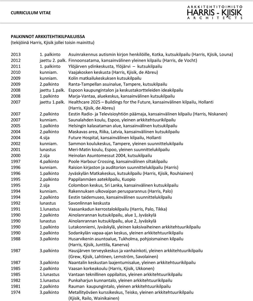 palkinto Ylöjärven ydinkeskusta, Ylöjärvi kutsukilpailu 2010 kunniam. Vaajakosken keskusta (Harris, Kjisik, de Abreu) 2009 kunniam. Kolin matkailukeskuksen kutsukilpailu 2009 2.