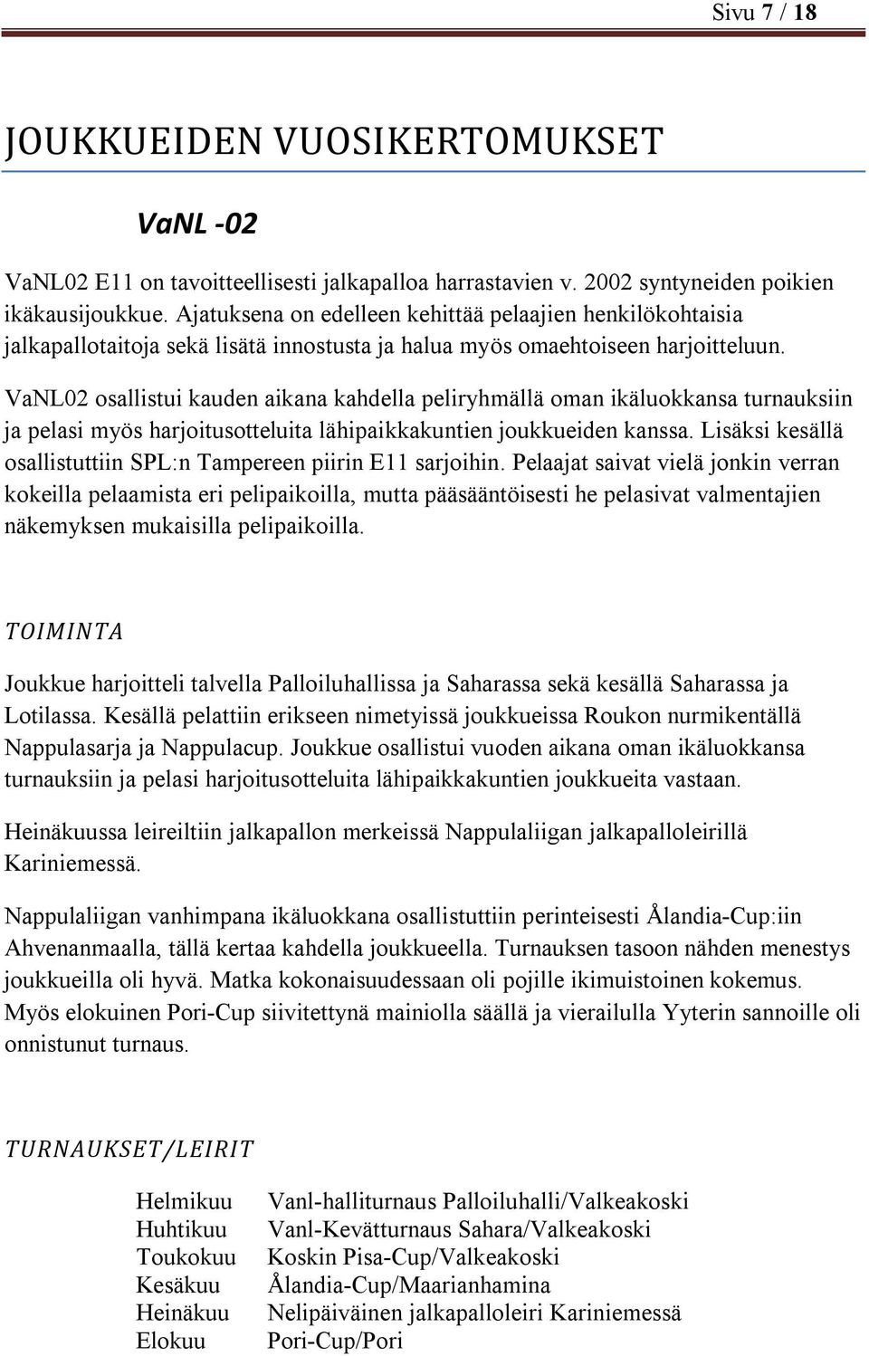 VaNL02 osallistui kauden aikana kahdella peliryhmällä oman ikäluokkansa turnauksiin ja pelasi myös harjoitusotteluita lähipaikkakuntien joukkueiden kanssa.