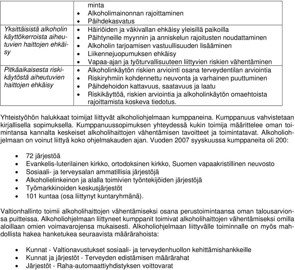 työturvallisuuteen liittyvien riskien vähentäminen Alkoholinkäytön riskien arviointi osana terveydentilan arviointia Riskiryhmiin kohdennettu neuvonta ja varhainen puuttuminen Päihdehoidon kattavuus,