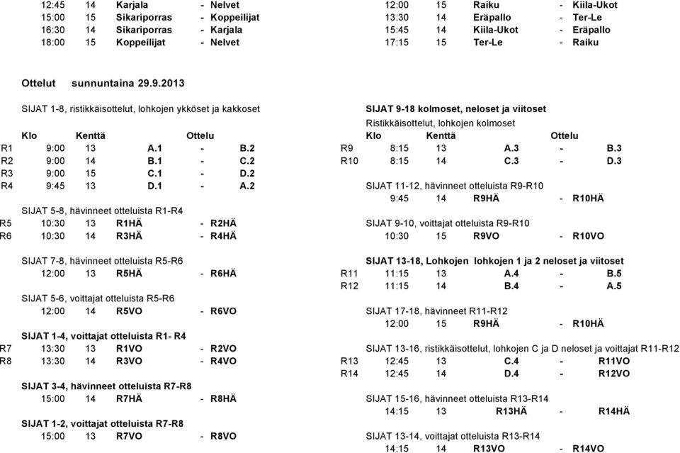 1 - B.2 R9 8:15 13 A.3 - B.3 R2 9:00 14 B.1 - C.2 R10 8:15 14 C.3 - D.3 R3 9:00 15 C.1 - D.2 R4 9:45 13 D.1 - A.