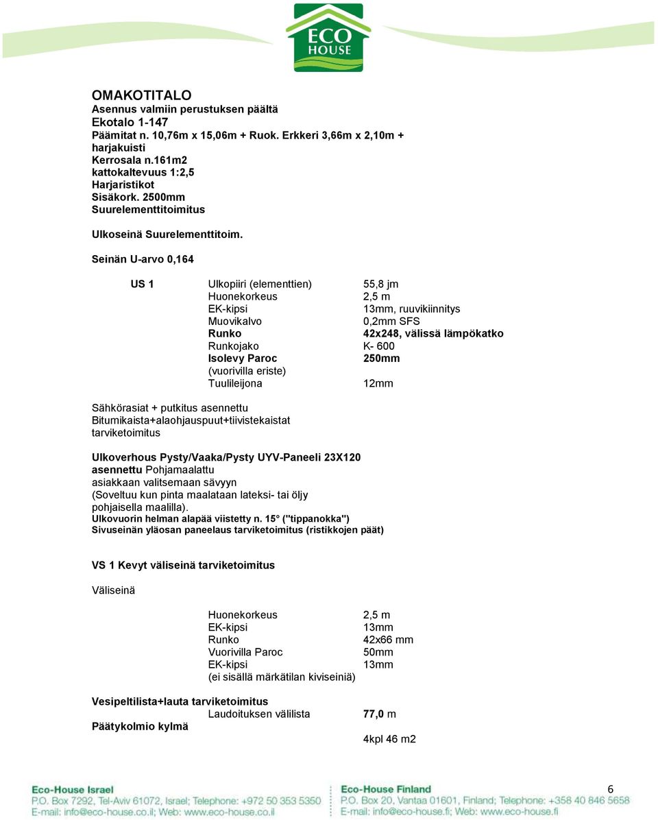 Seinän U-arvo 0,164 US 1 Ulkopiiri (elementtien) 55,8 jm Huonekorkeus 2,5 m EK-kipsi 13mm, ruuvikiinnitys Muovikalvo 0,2mm SFS Runko 42x248, välissä lämpökatko Runkojako K- 600 Isolevy Paroc 250mm