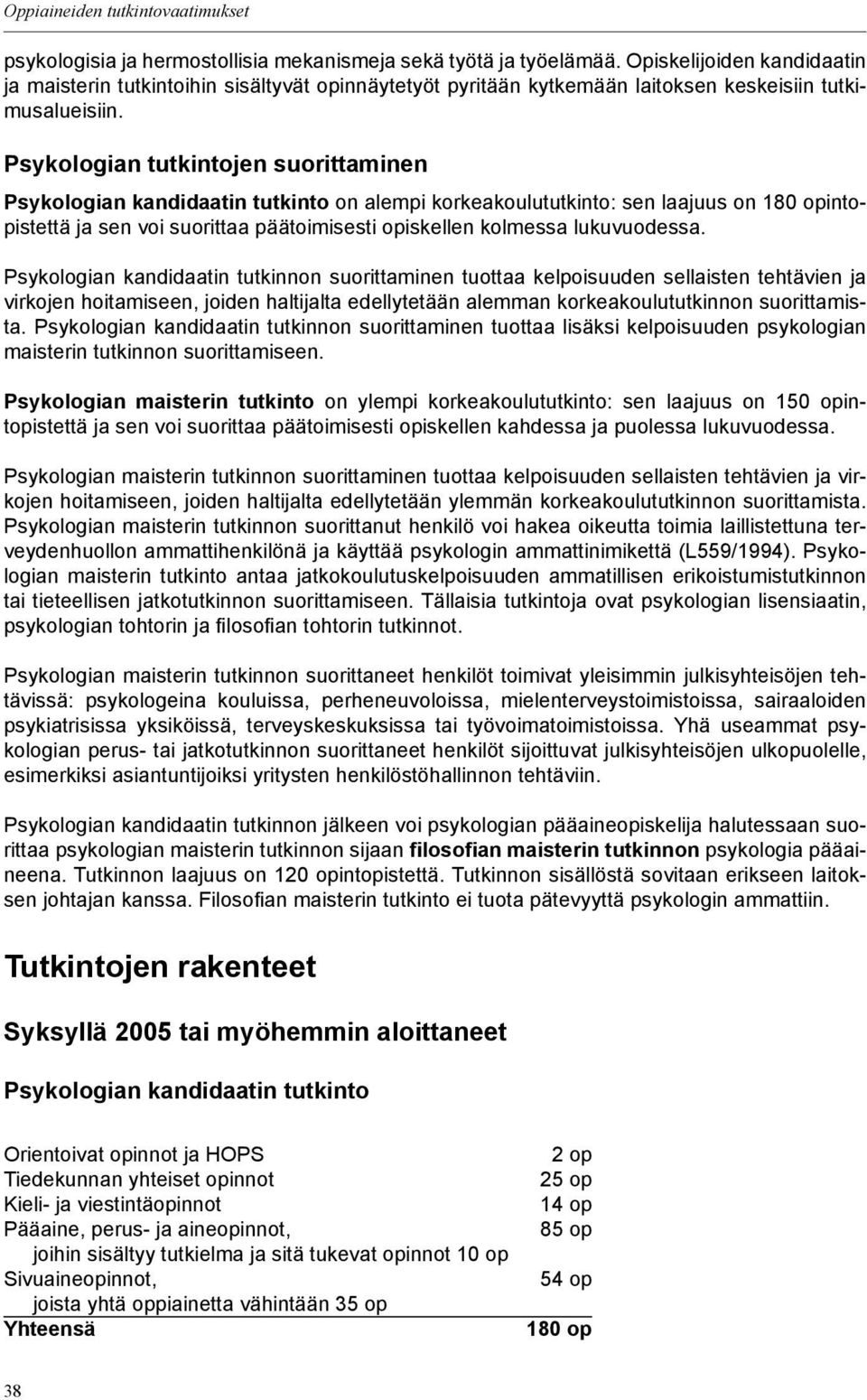 Psykologian tutkintojen suorittaminen Psykologian kandidaatin tutkinto on alempi korkeakoulututkinto: sen laajuus on 180 opintopistettä ja sen voi suorittaa päätoimisesti opiskellen kolmessa