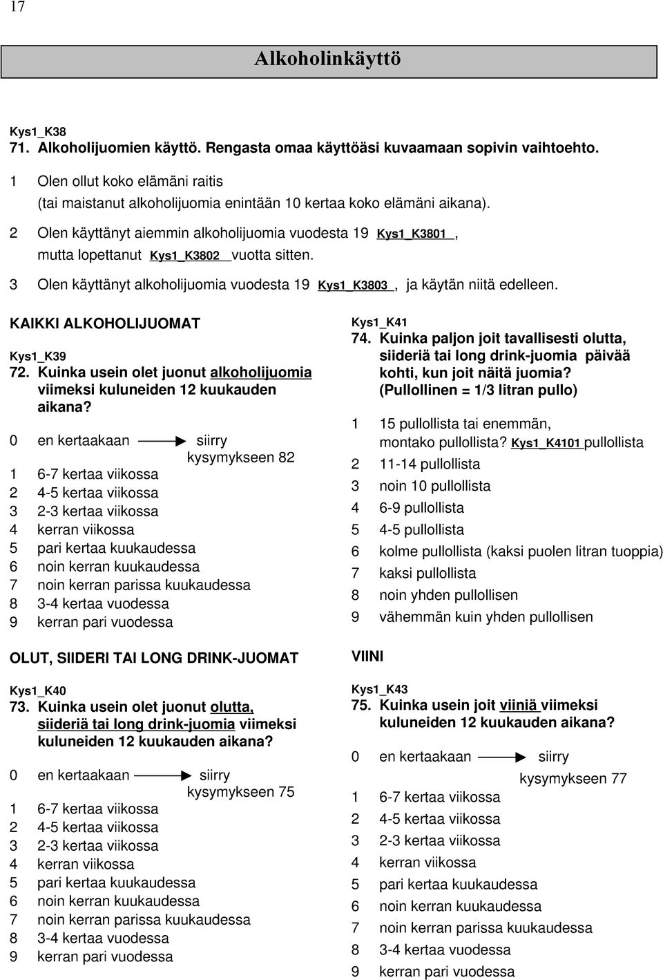 2 Olen käyttänyt aiemmin alkoholijuomia vuodesta 19 Kys1_K3801, mutta lopettanut Kys1_K3802 vuotta sitten. 3 Olen käyttänyt alkoholijuomia vuodesta 19 Kys1_K3803, ja käytän niitä edelleen.