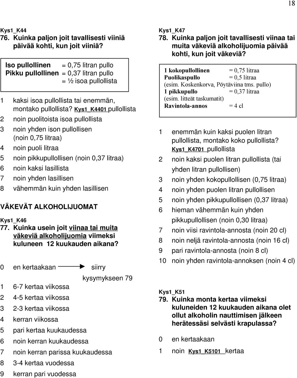 Kys1_K4401 pullollista 2 noin puolitoista isoa pullollista 3 noin yhden ison pullollisen (noin 0,75 litraa) 4 noin puoli litraa 5 noin pikkupullollisen (noin 0,37 litraa) 6 noin kaksi lasillista 7