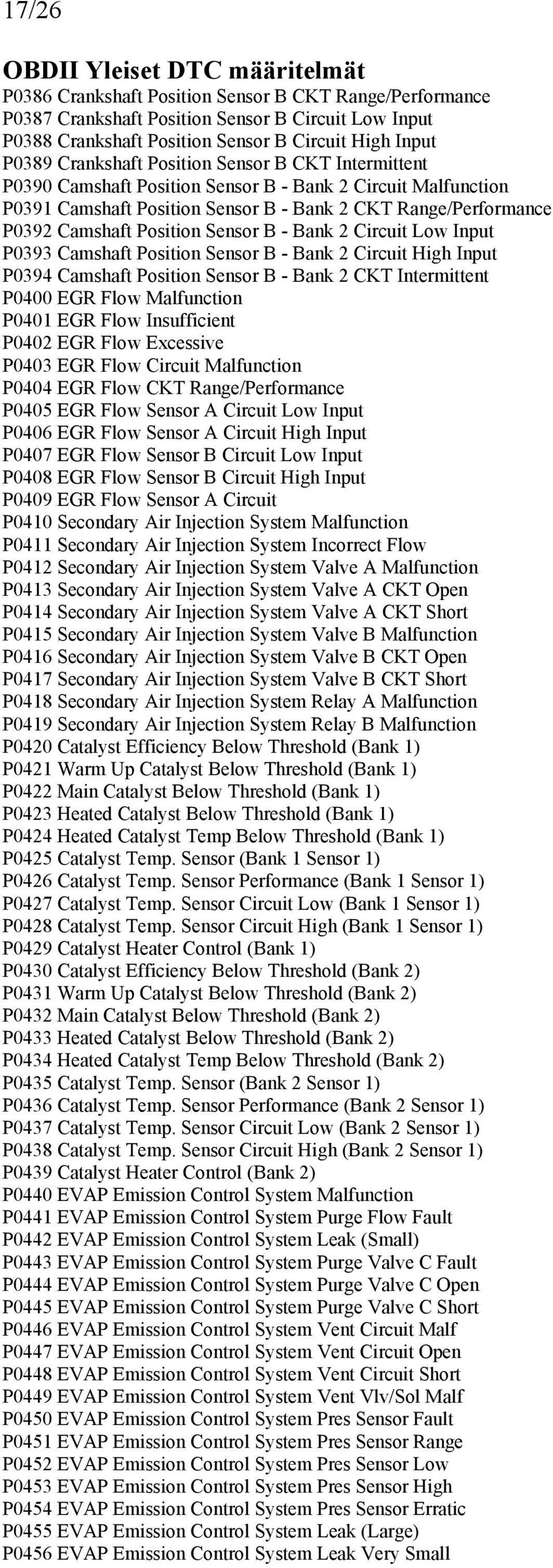 Circuit Low Input P0393 Camshaft Position Sensor B - Bank 2 Circuit High Input P0394 Camshaft Position Sensor B - Bank 2 CKT Intermittent P0400 EGR Flow Malfunction P0401 EGR Flow Insufficient P0402