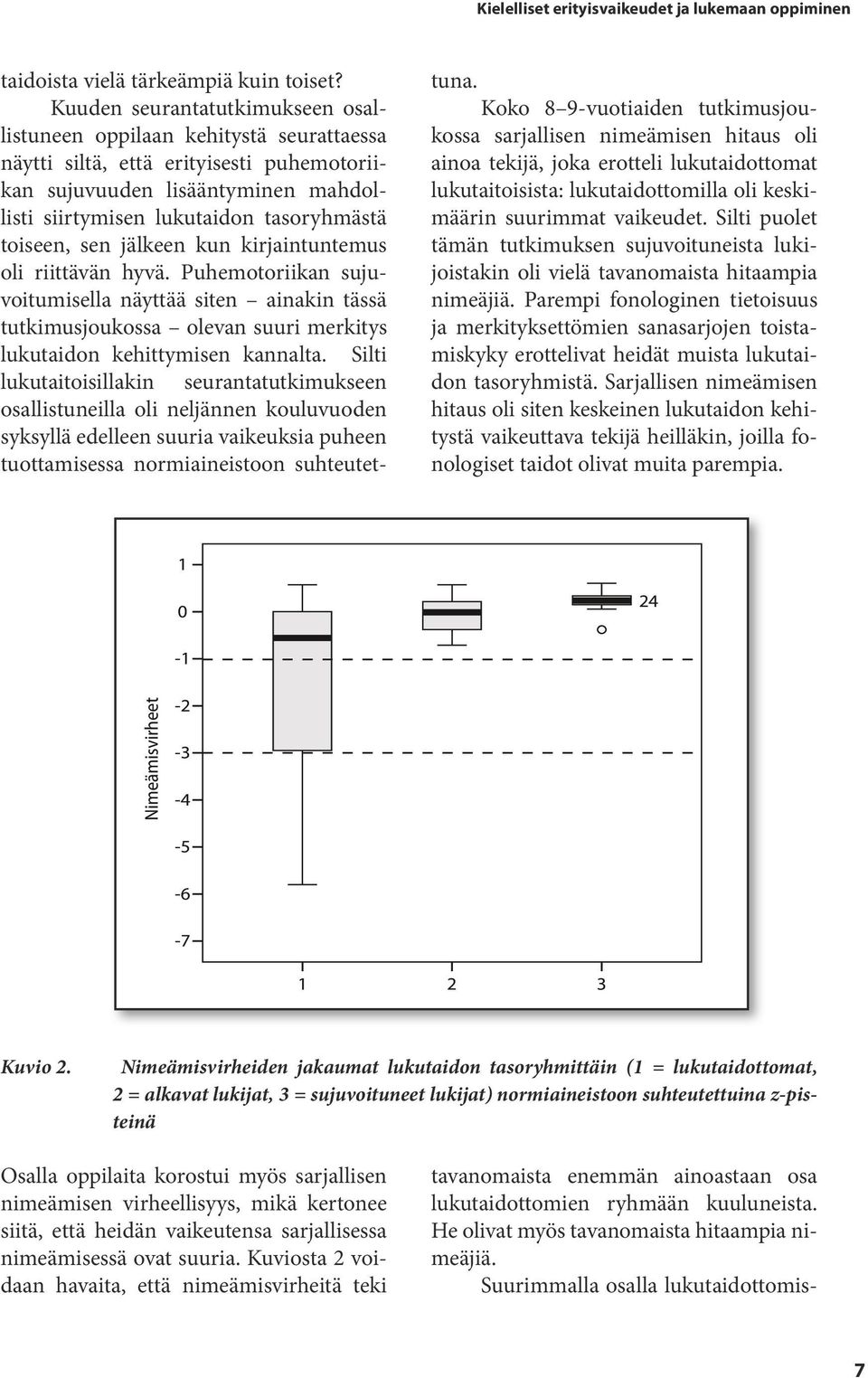 toiseen, sen jälkeen kun kirjaintuntemus oli riittävän hyvä. Puhemotoriikan sujuvoitumisella näyttää siten ainakin tässä tutkimusjoukossa olevan suuri merkitys lukutaidon kehittymisen kannalta.