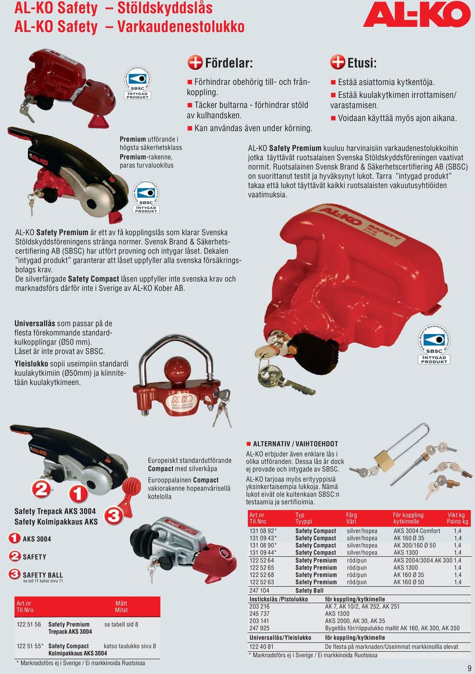 AL-KO Safety Premium kuuluu harvinaisiin varkaudenestolukkoihin jotka täyttävät ruotsalaisen Svenska Stöldskyddsföreningen vaativat normit.